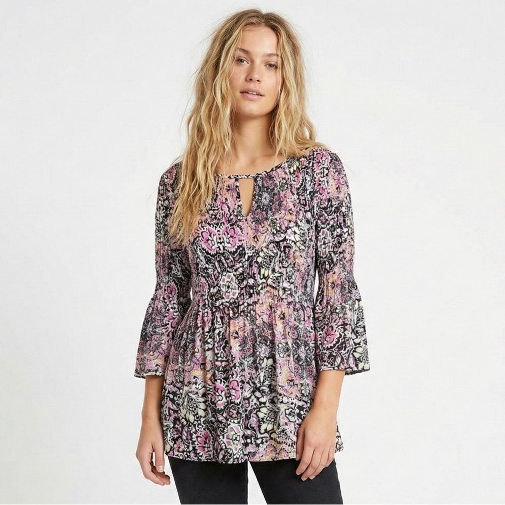 Floral & Ivy Pink Black Print Keyhole Blouse Small 3/4 Sleeve Boho Work Casual